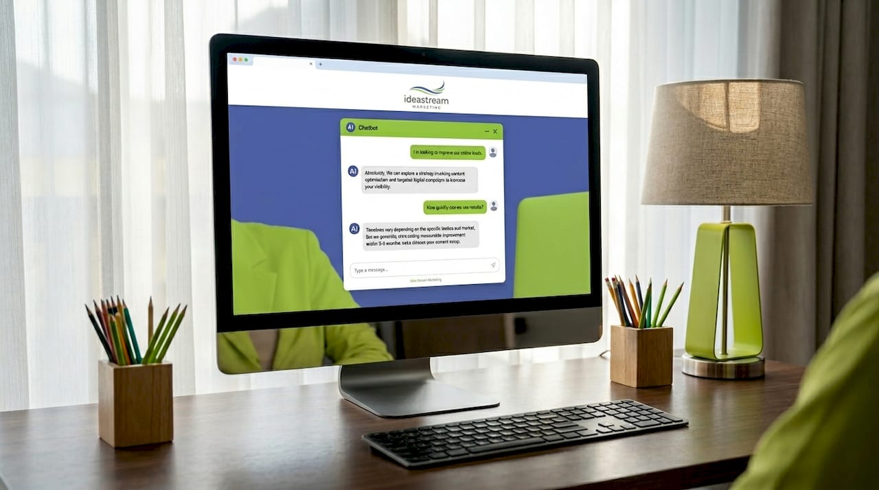 Monitor showing chatbot conversation interface