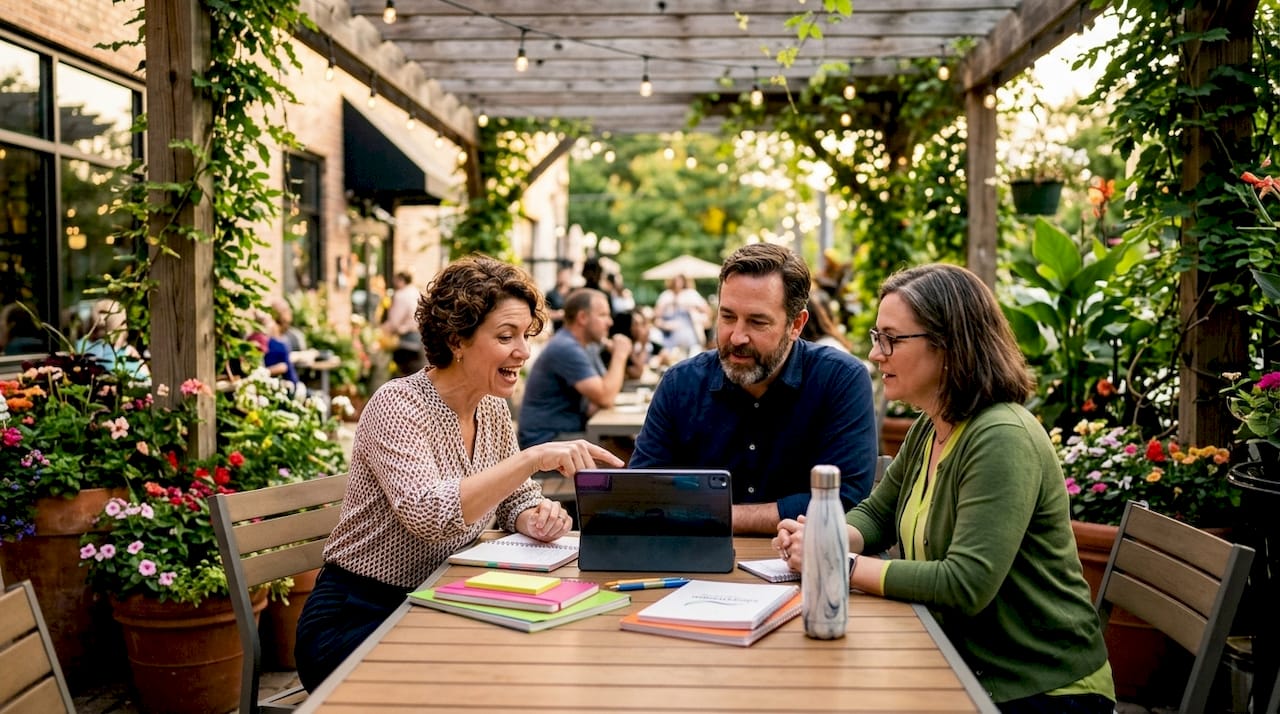 Small business owners discussing digital marketing
