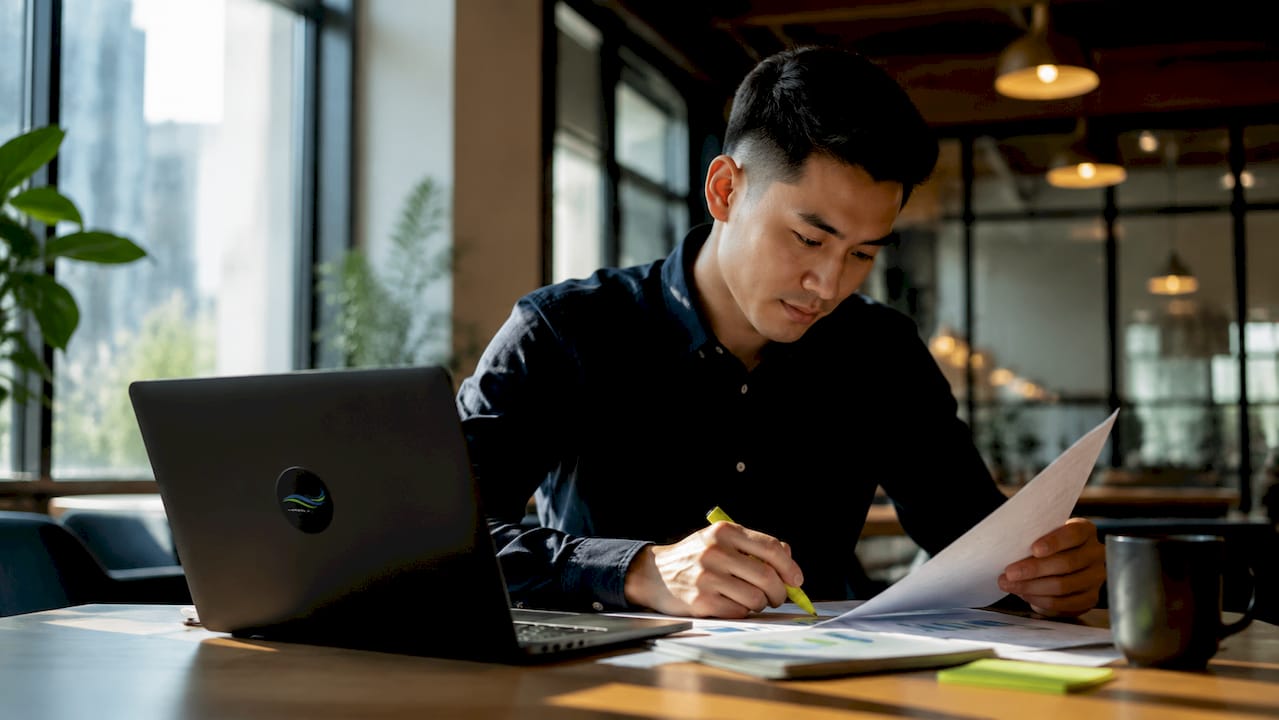 Man reviewing customer feedback in cafe