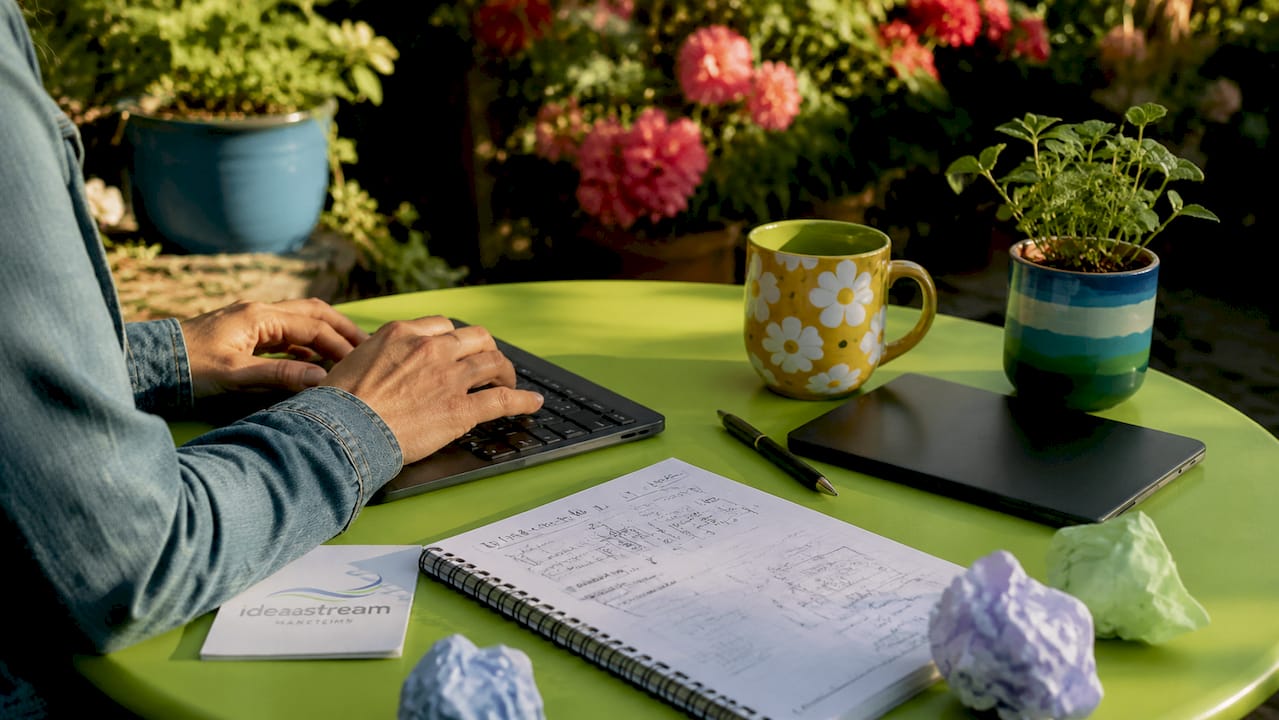Overhead view of hands typing and content marketing notes