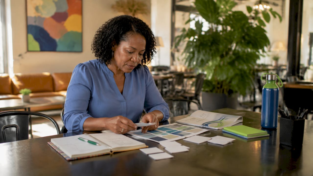 Hands organizing printed brand marketing materials on desk