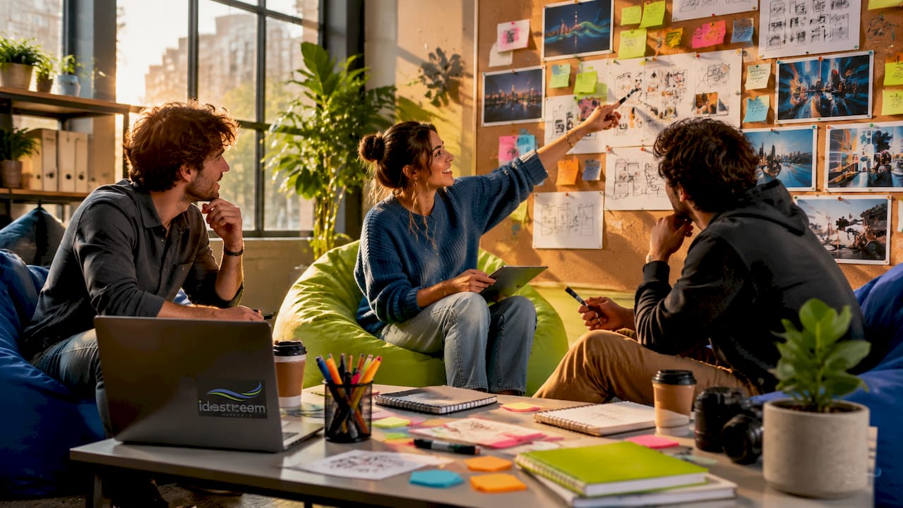 Team discussing creative media formats in office