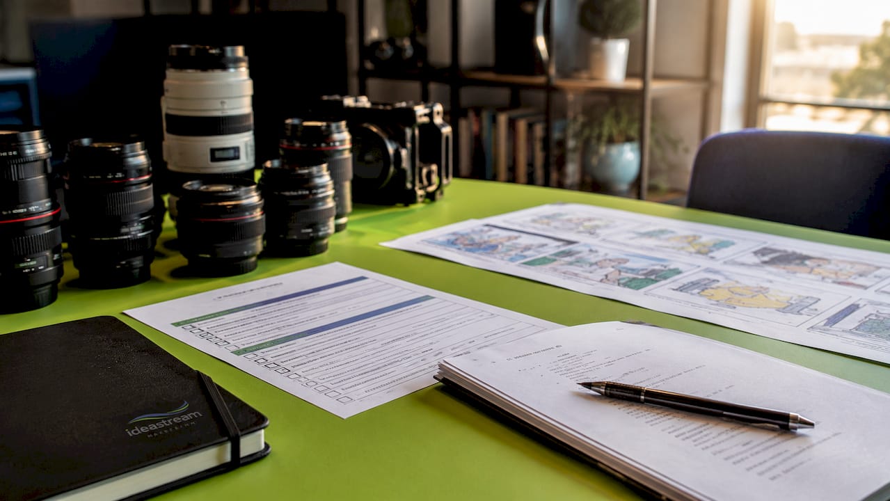 Overhead view of video production checklist and lenses