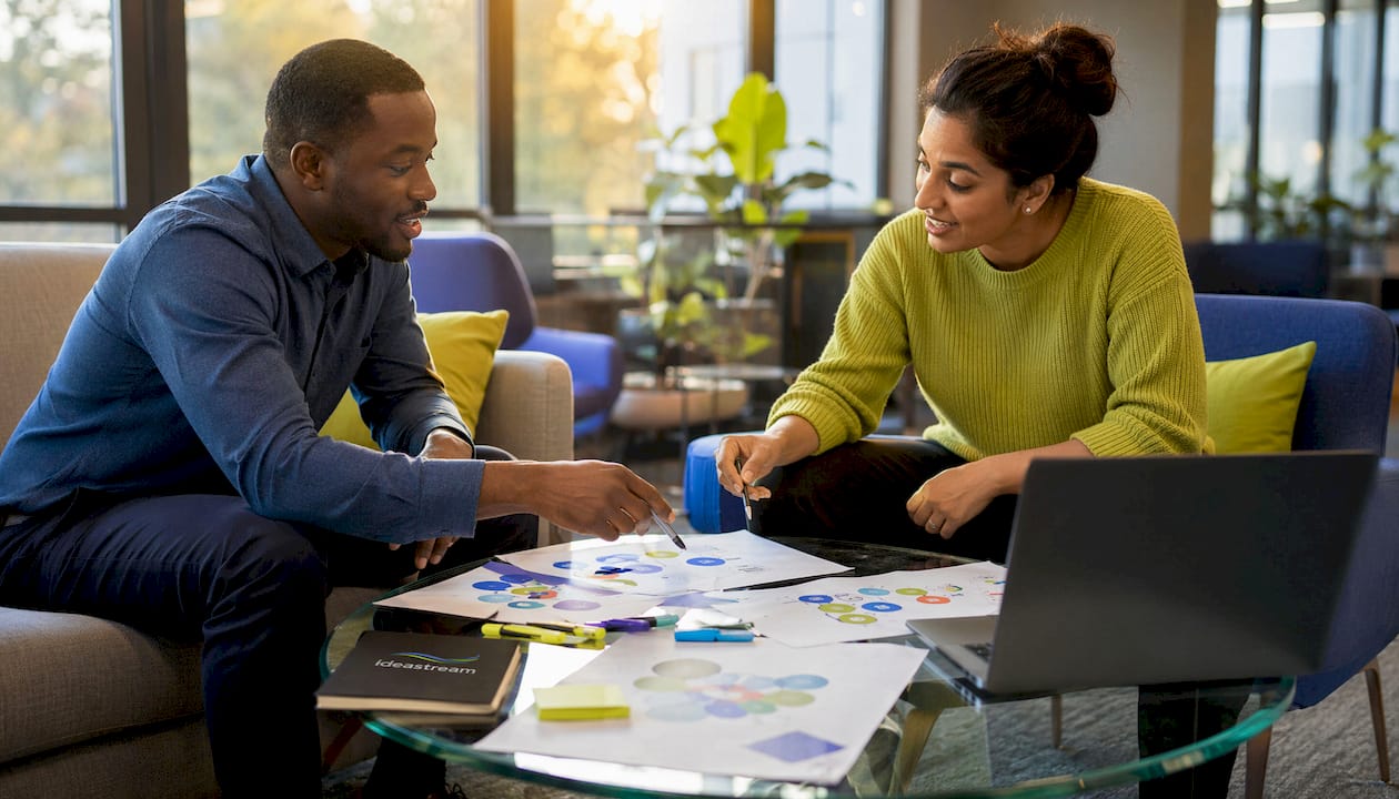 Hands pointing at marketing channel diagrams on table