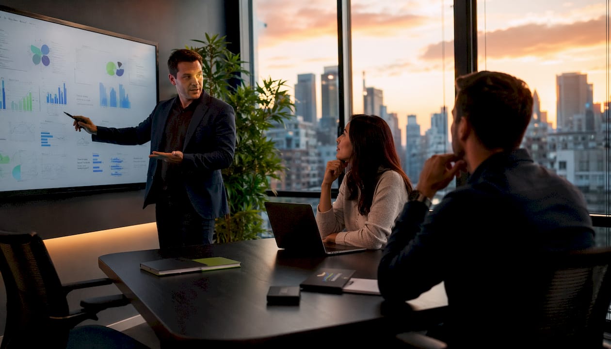 Strategist presenting unified marketing strategy to team