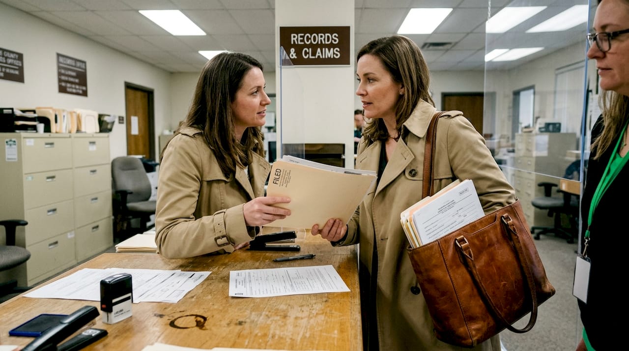 Claimant and clerk at records office window