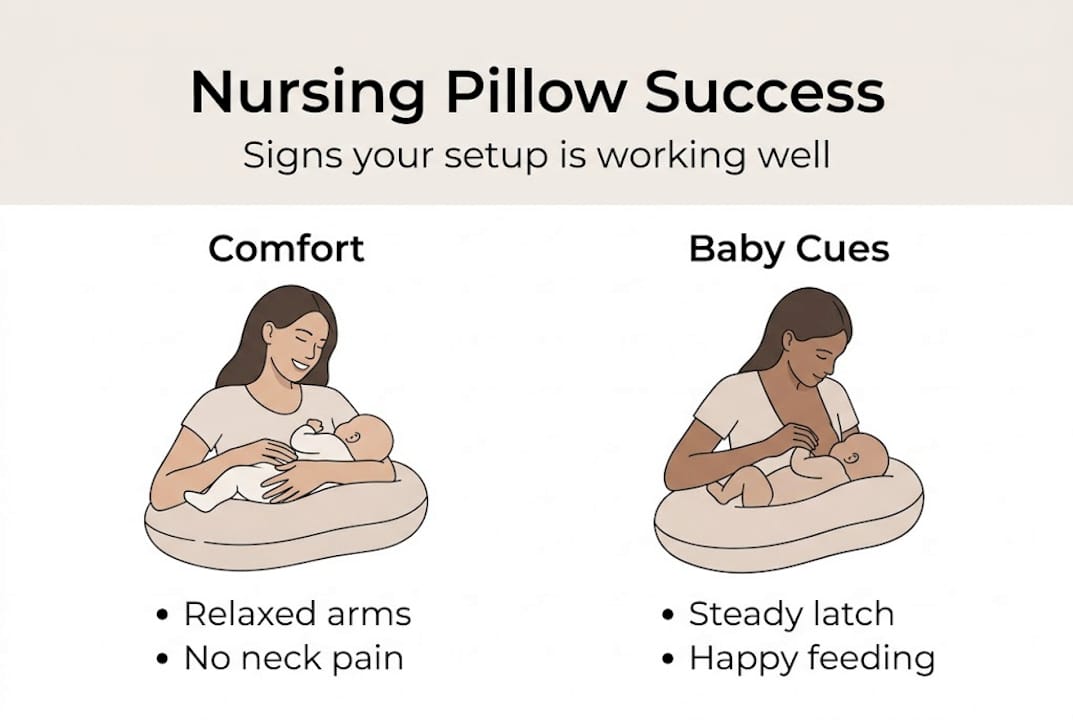 Infographic showing correct nursing pillow setup benefits