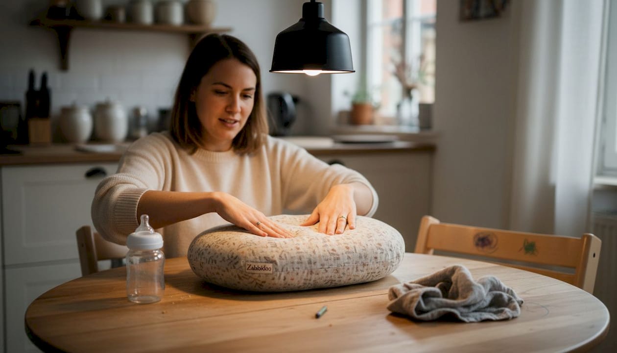 Hands pressing feeding pillow to test stability