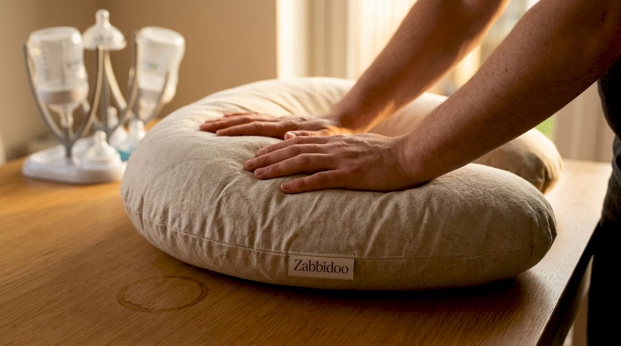 Hands pressing down on nursing pillow for firmness test