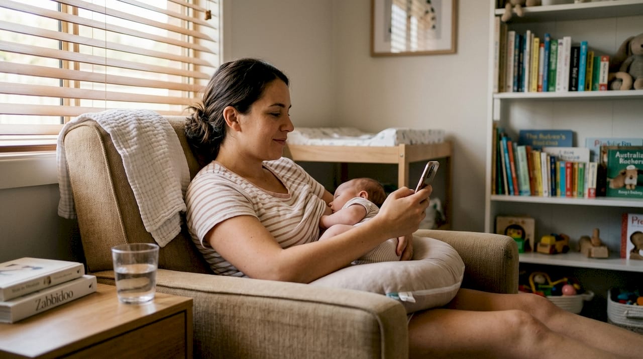 Mother using nursing pillow reduces body strain