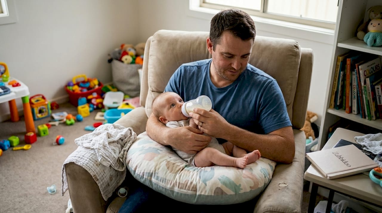 Father bottle-feeding baby with nursing pillow