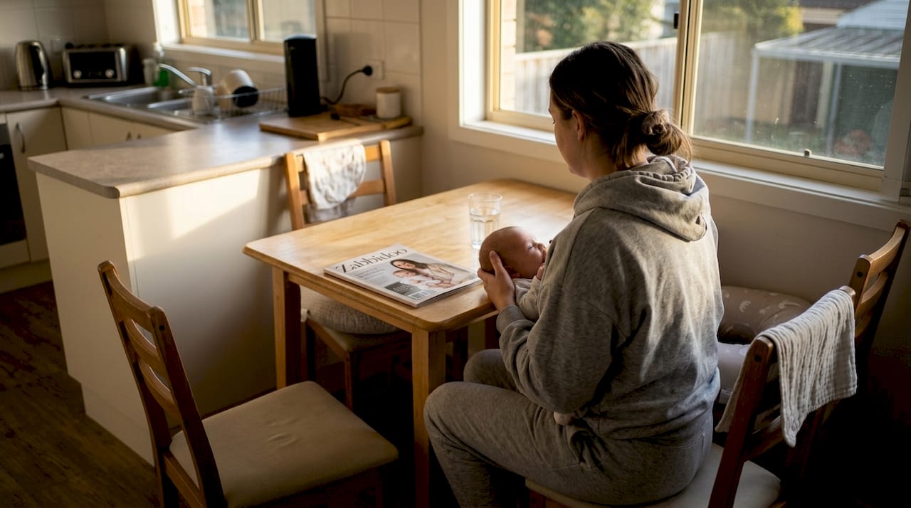 Mother adjusting breastfeeding position at home table