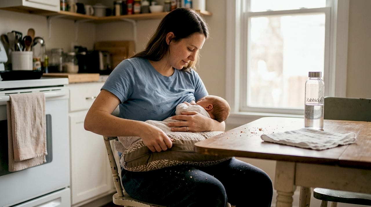 Woman using thick nursing pillow during feeding