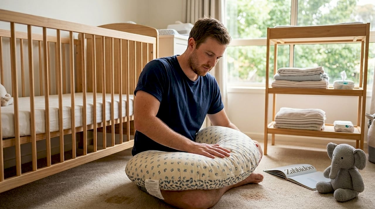 Parent testing firmness of feeding pillow