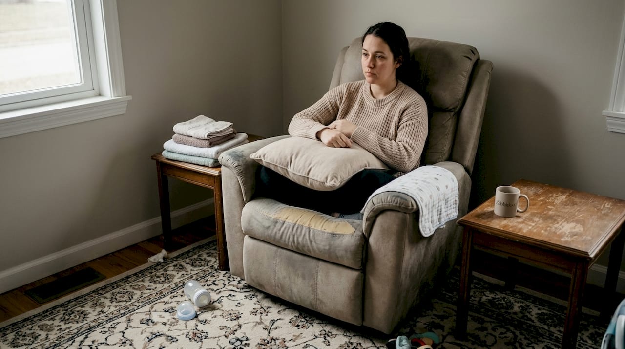 Parent setting up feeding space with cushions