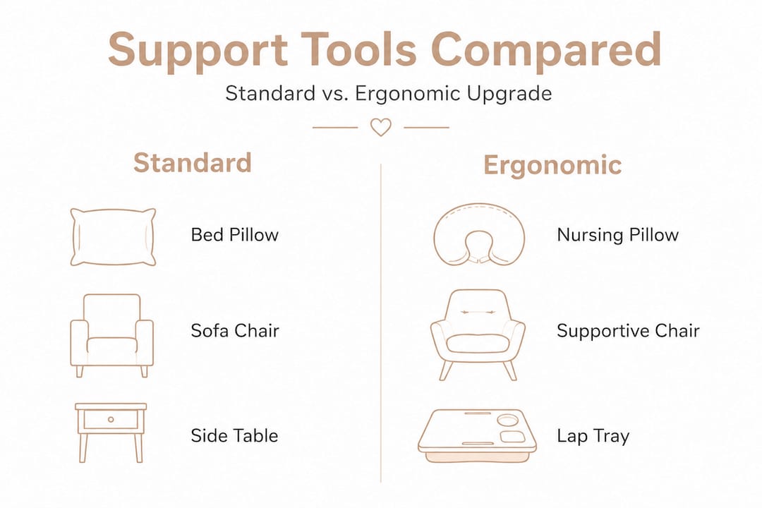 Infographic comparing standard and ergonomic breastfeeding supports