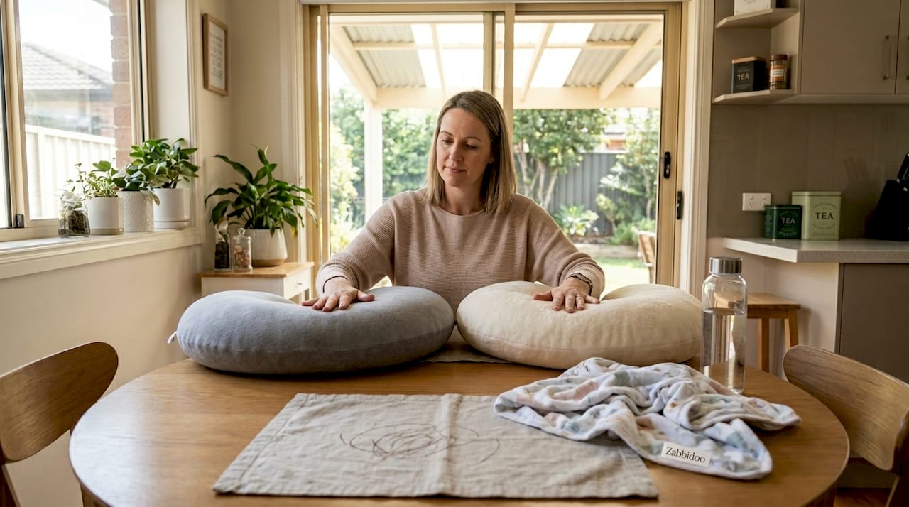 Mother testing firmness of nursing pillows