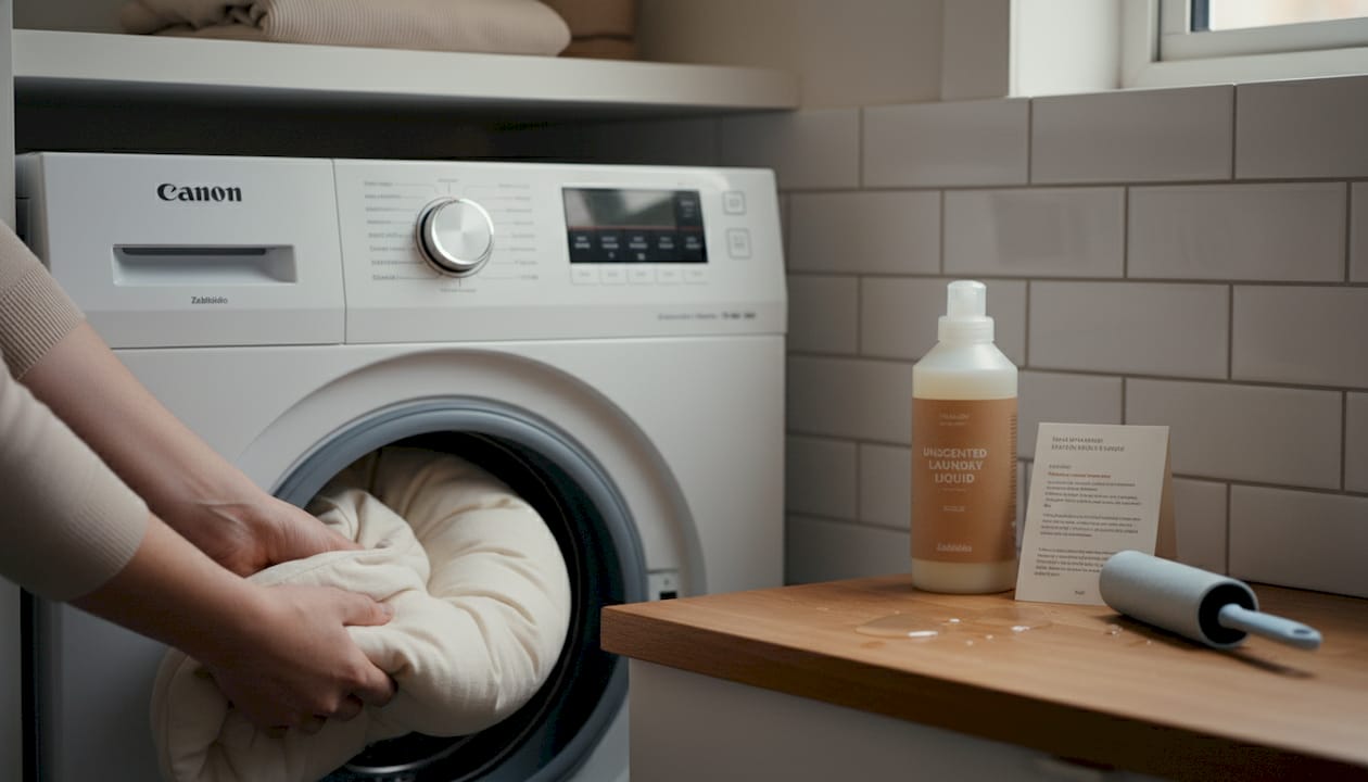 Hands putting nursing pillow cover in washing machine