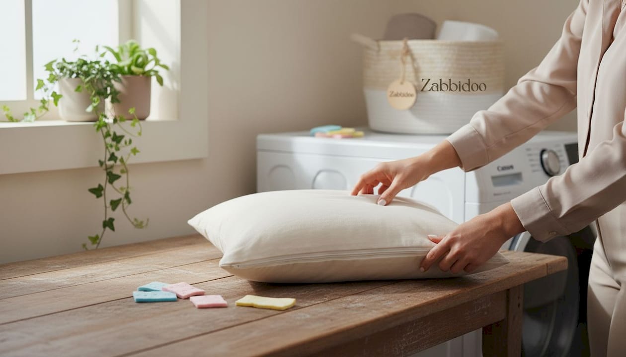 Hands placing cotton pillow cover in washing machine