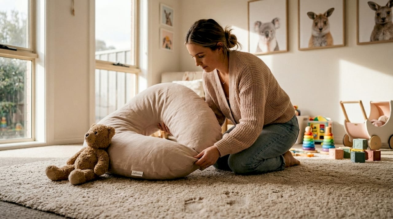 Nursing pillow prepared for tummy time in playroom
