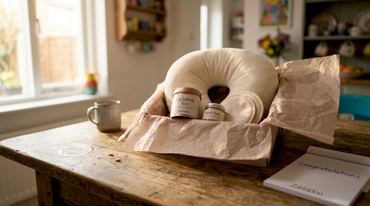 Nursing pillow with breastfeeding support items in gift box