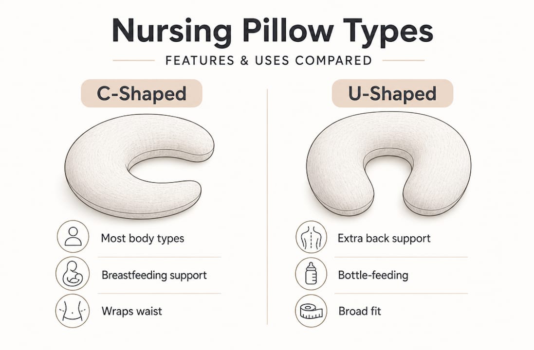 Infographic comparing C-shaped and U-shaped nursing pillows