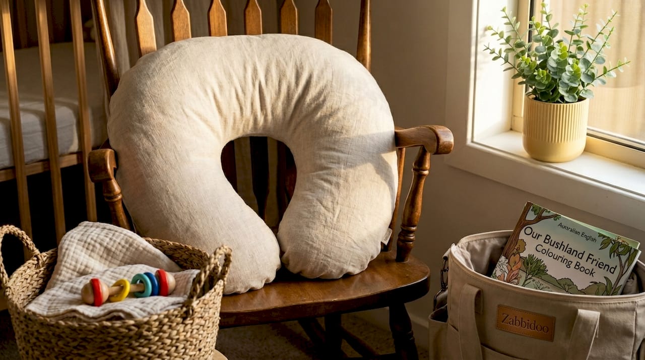Close-up U-shaped linen nursing pillow on nursery chair