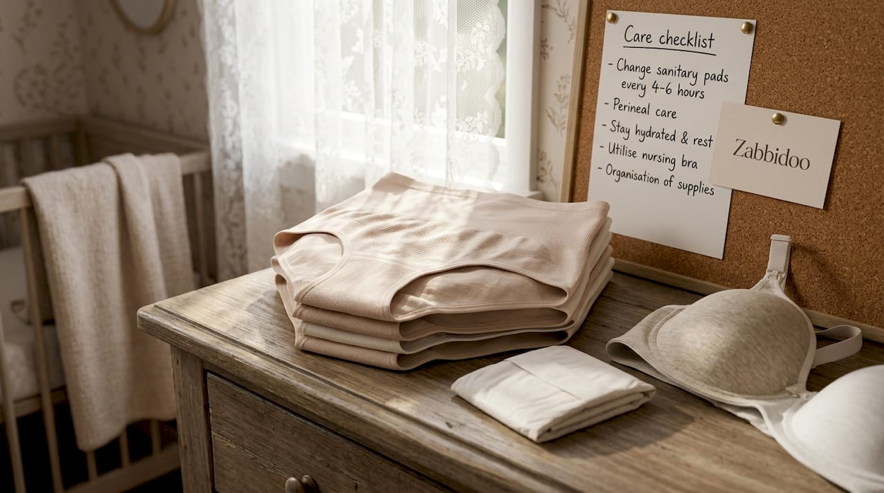 Postpartum underwear essentials on dresser