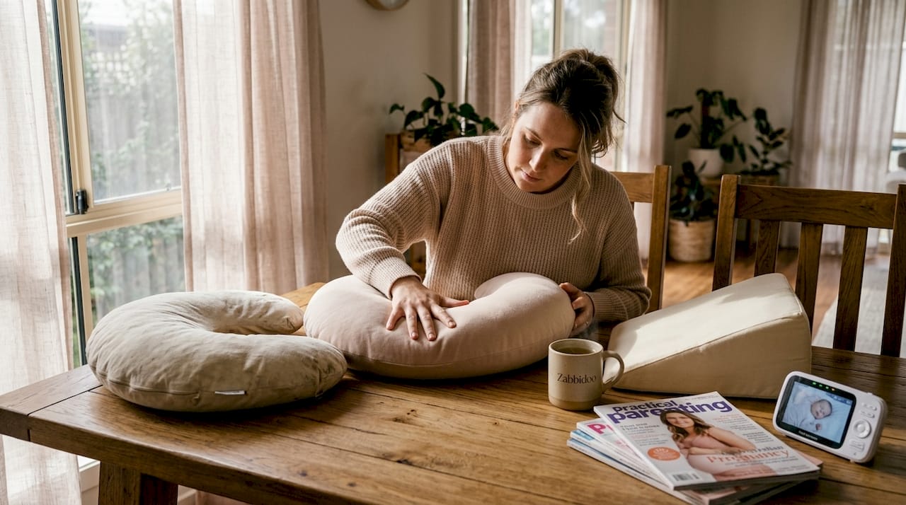 Parent testing nursing pillow firmness at home
