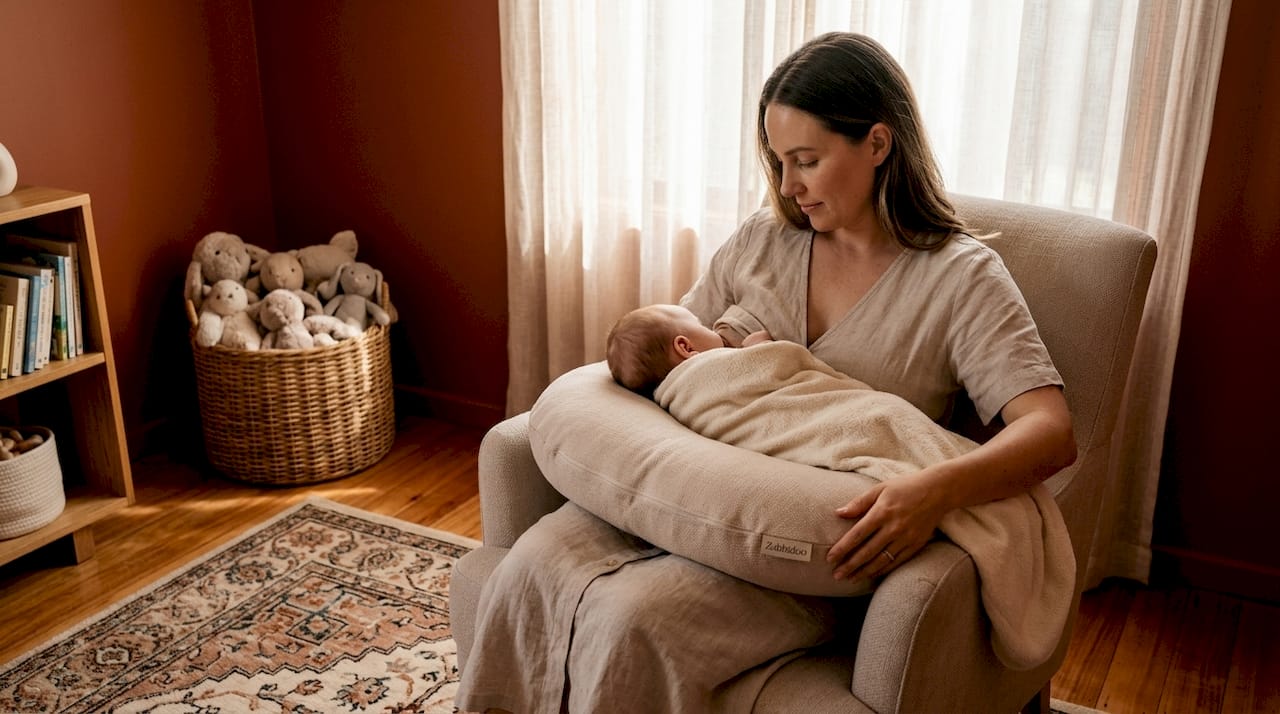 Mother adjusting pillow for breastfeeding posture