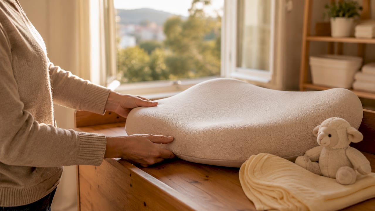Close-up of memory foam nursing pillow and hand