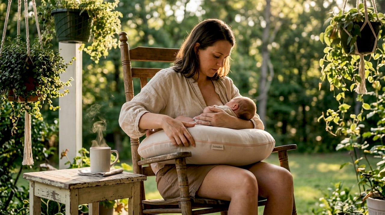 Mother adjusting nursing pillow for posture