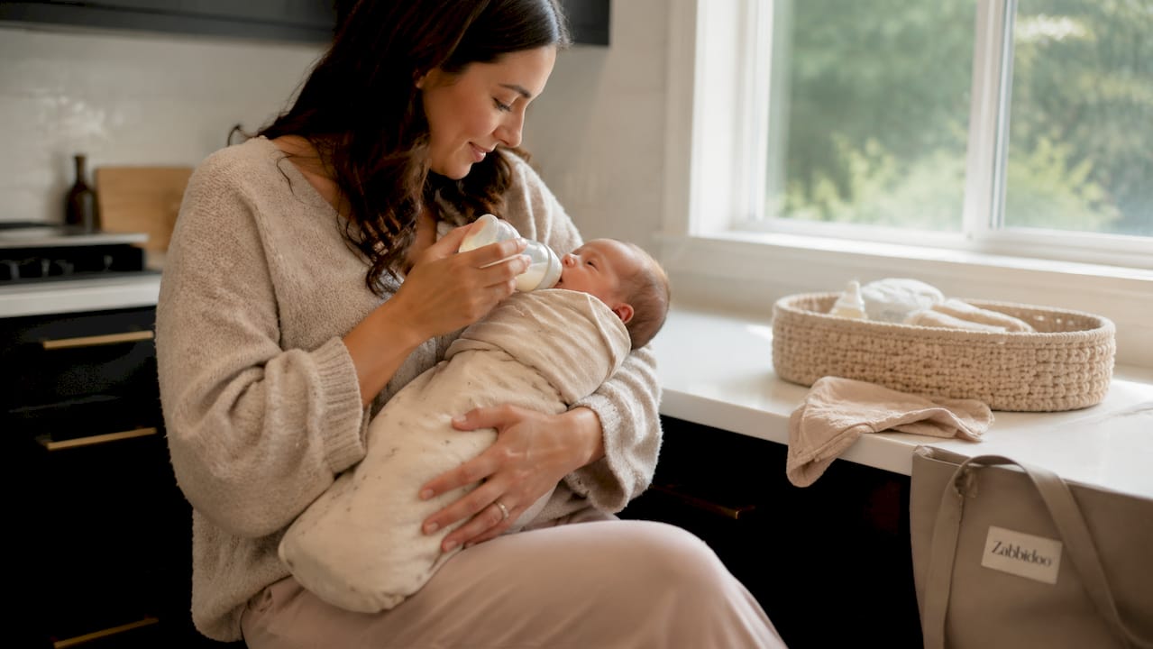 Mother swaddling and calming newborn during feed