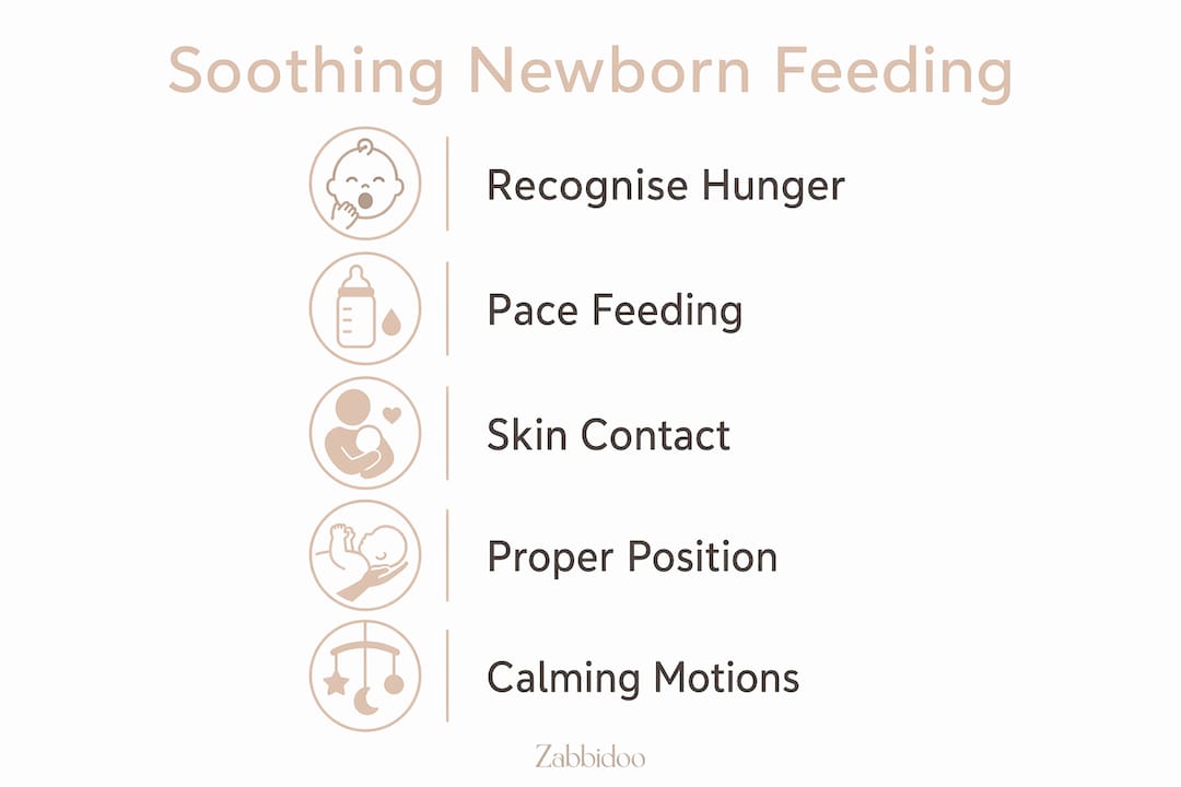 Infographic showing five steps to soothe newborns during feeds