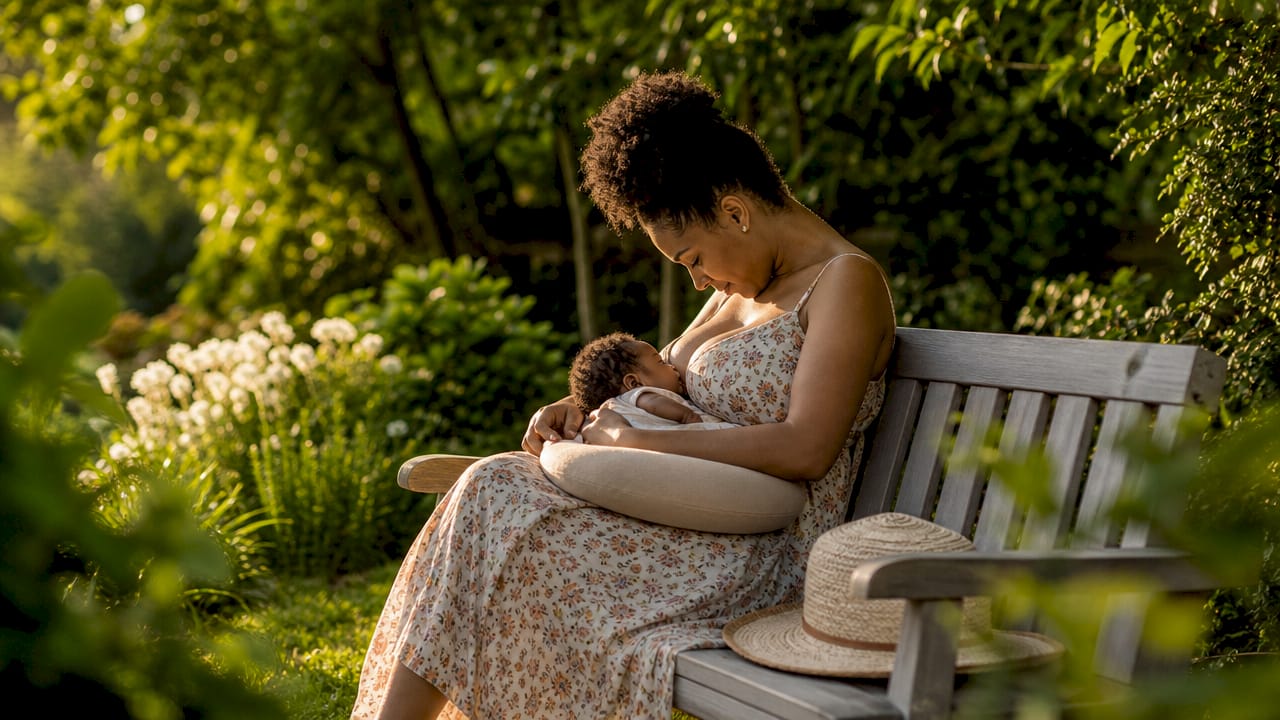 Woman breastfeeding with narrow pillow, side view