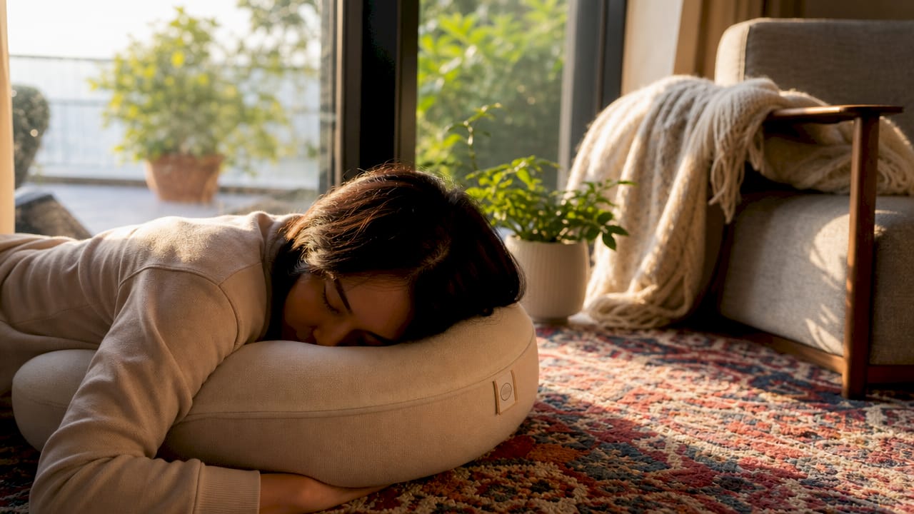 Side view of head compressing pillow on bed