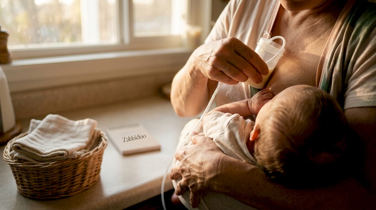 Hands demonstrating supplemental nursing system feeding