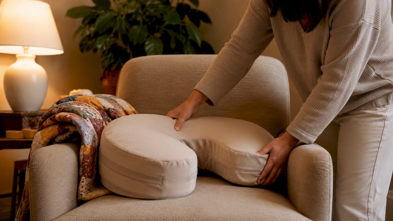 Close-up of nursing pillow setup in nursery