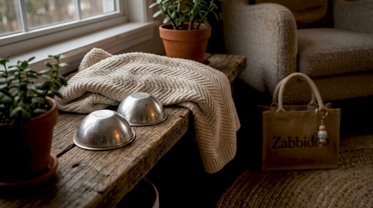 Silver nursing cups and nursing accessories on wood table