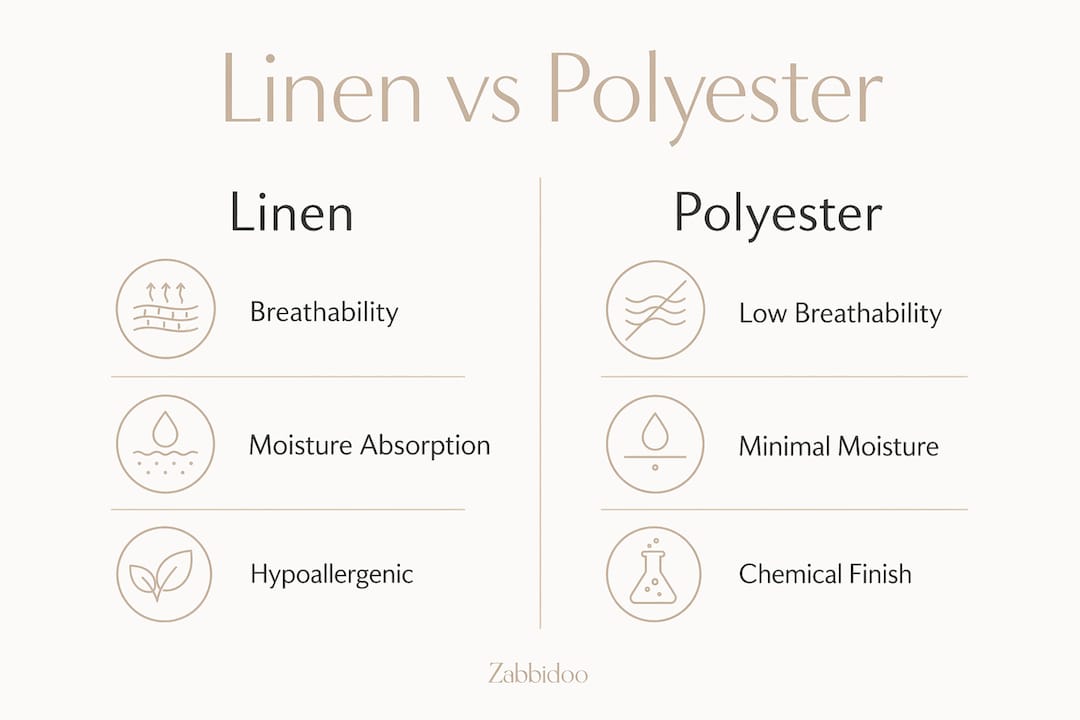 Infographic comparing linen and polyester fabric properties