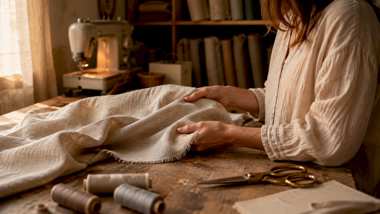 Hands inspecting hypoallergenic linen fabric sample