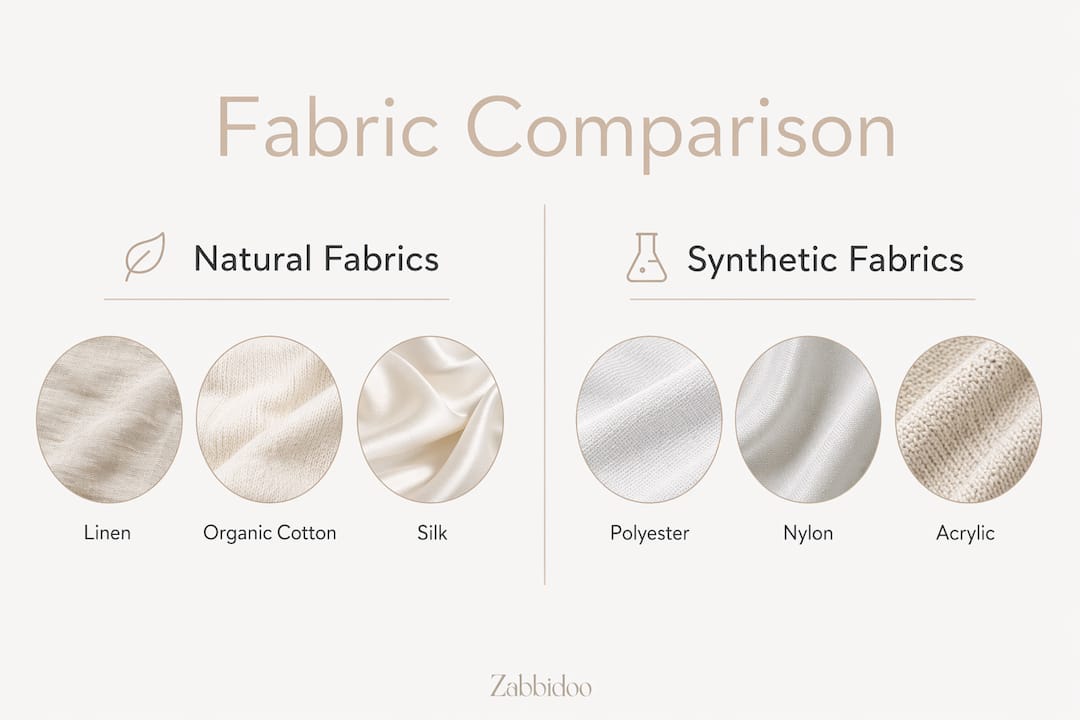 Infographic comparing natural vs synthetic fabrics for newborns