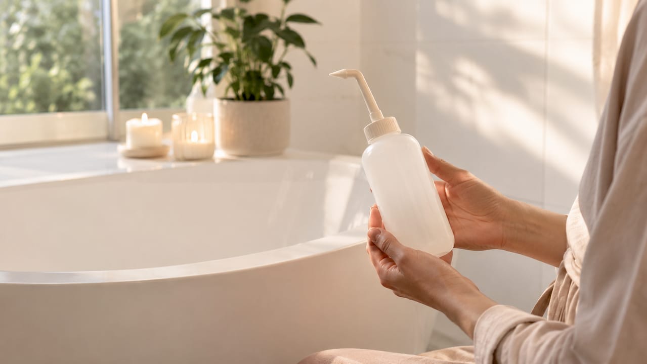 Hands holding peri bottle for postpartum care