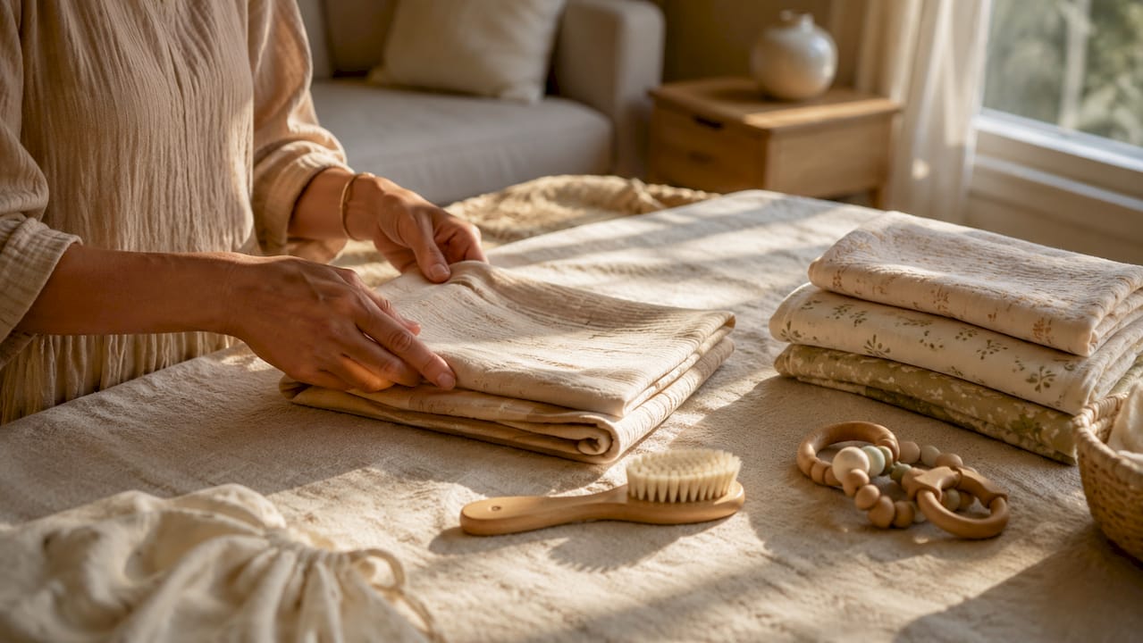 Hands unfolding muslin wraps for baby gift