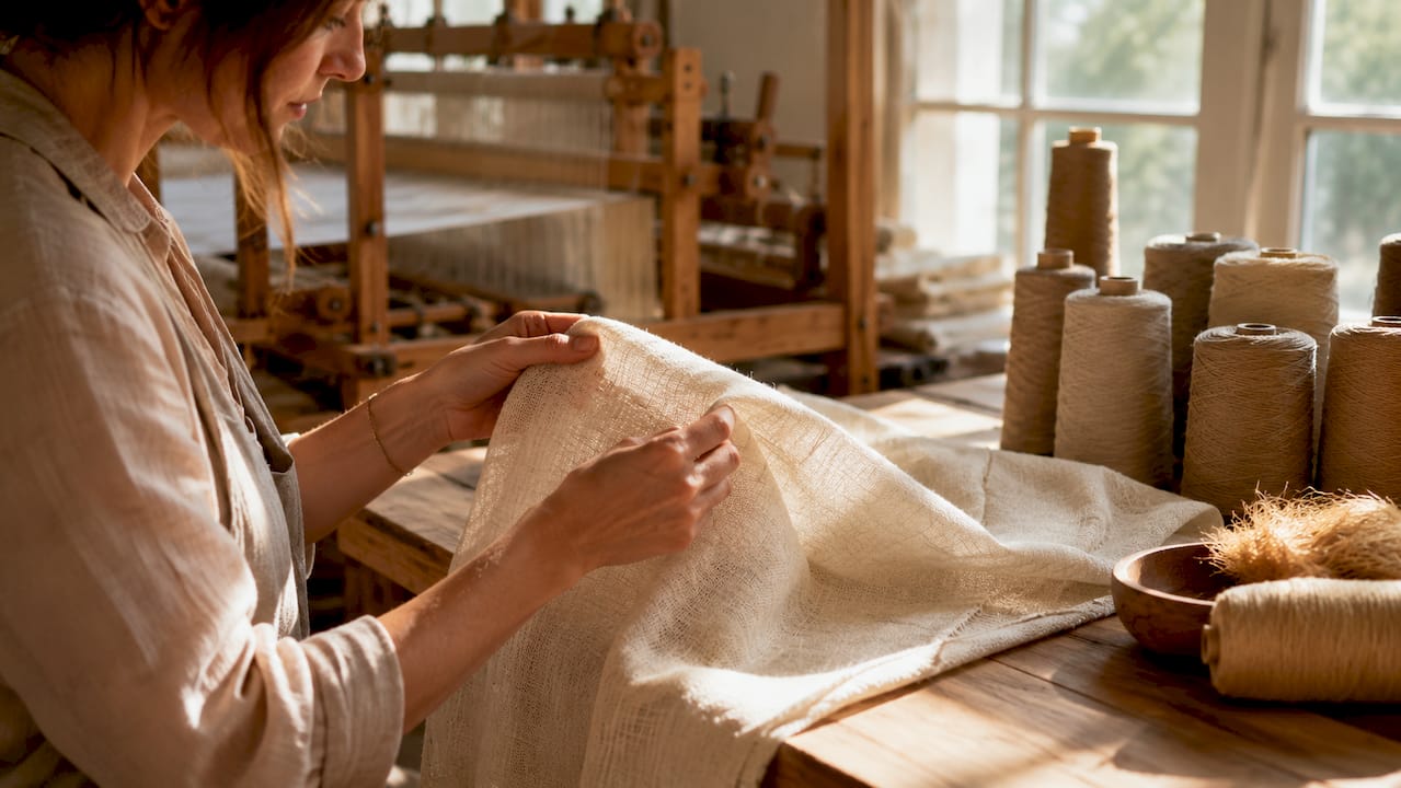 Hands holding woven flax linen fabric in workshop