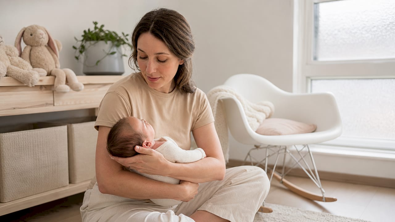 Woman demonstrating cradle hold with baby