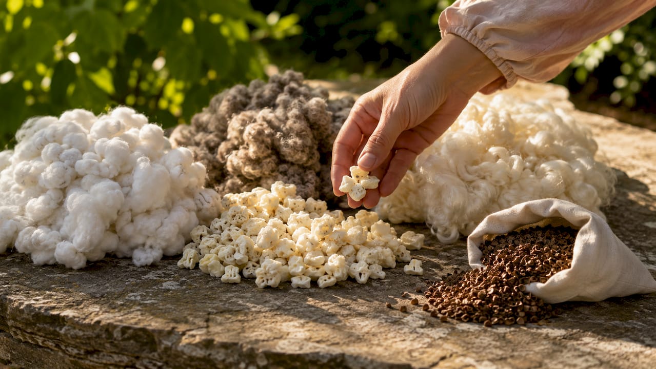 Close-up of various natural pillow filling materials
