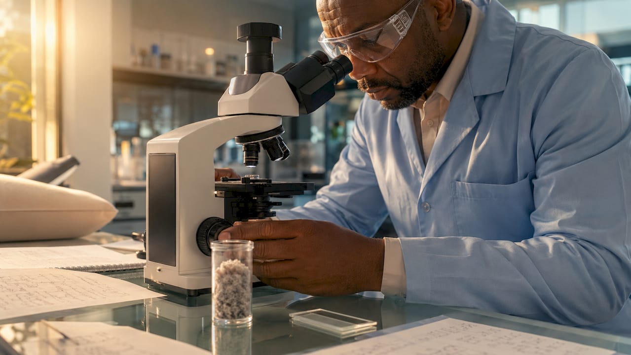 Scientist examining pillow dust sample under microscope