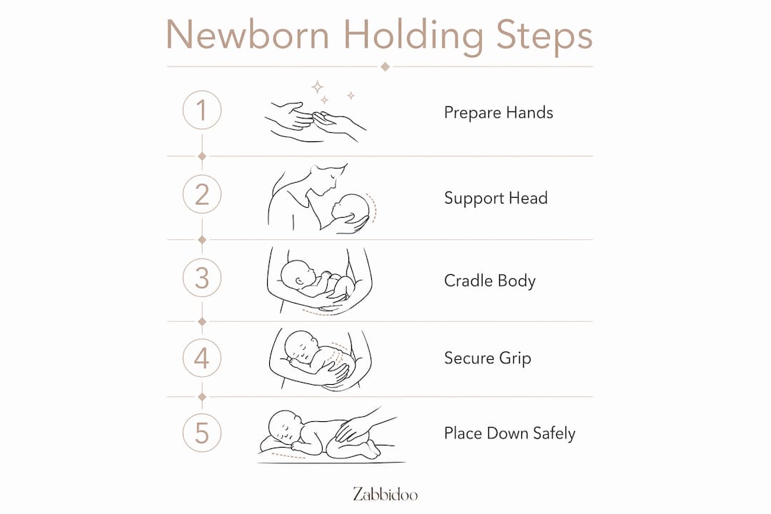 Infographic showing newborn holding step-by-step