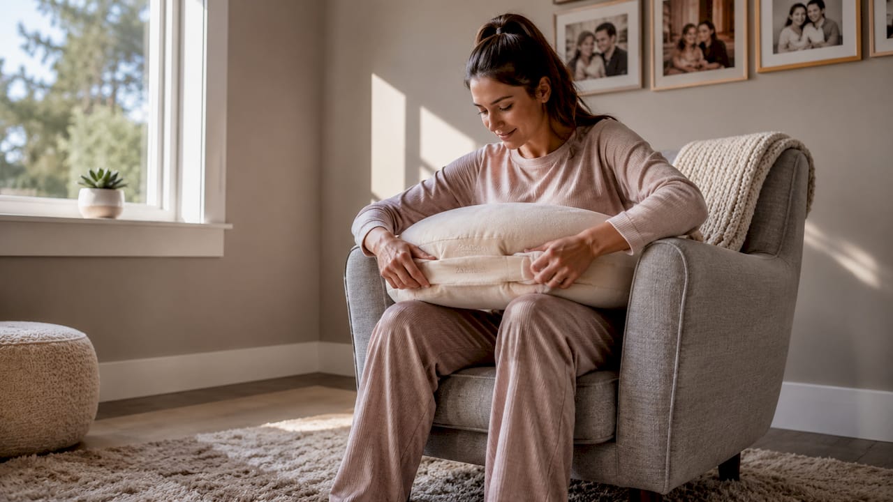 Mother adjusting nursing pillow for comfort support